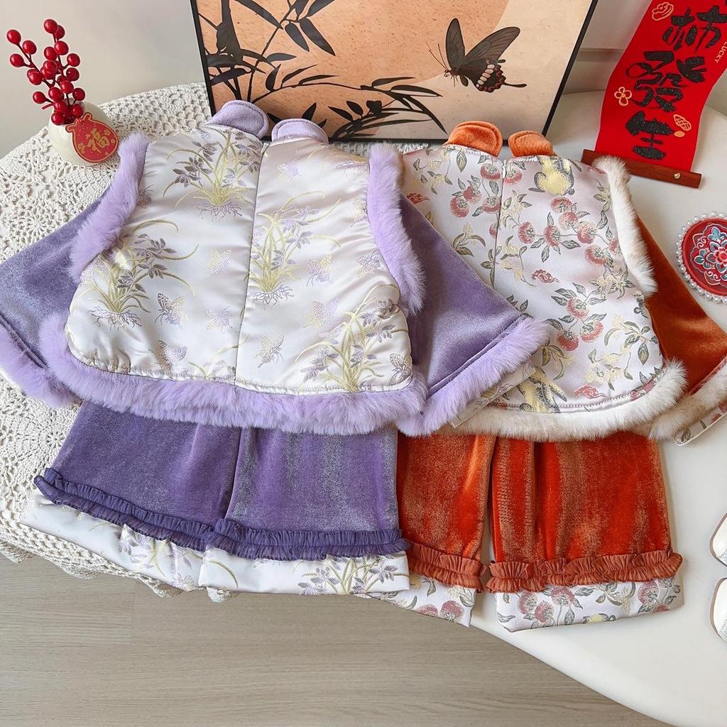 Girls’ Winter Chinese-Style Thickened Frog Button Outfit - Long Pants Two-Piece Set AWB122