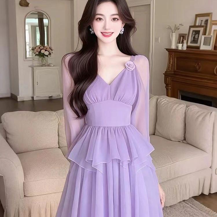 2026 Spring Women's Purple Hepburn-Style Floral Dress with Waist-Cinching Design
