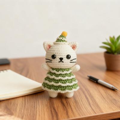 Yousheng Weihnachten Häkelkatze Puppe Patchwork Farbe Handgefertigt Grün Creme Garne Katze Ornament Weihnachtsbaum Dekoration