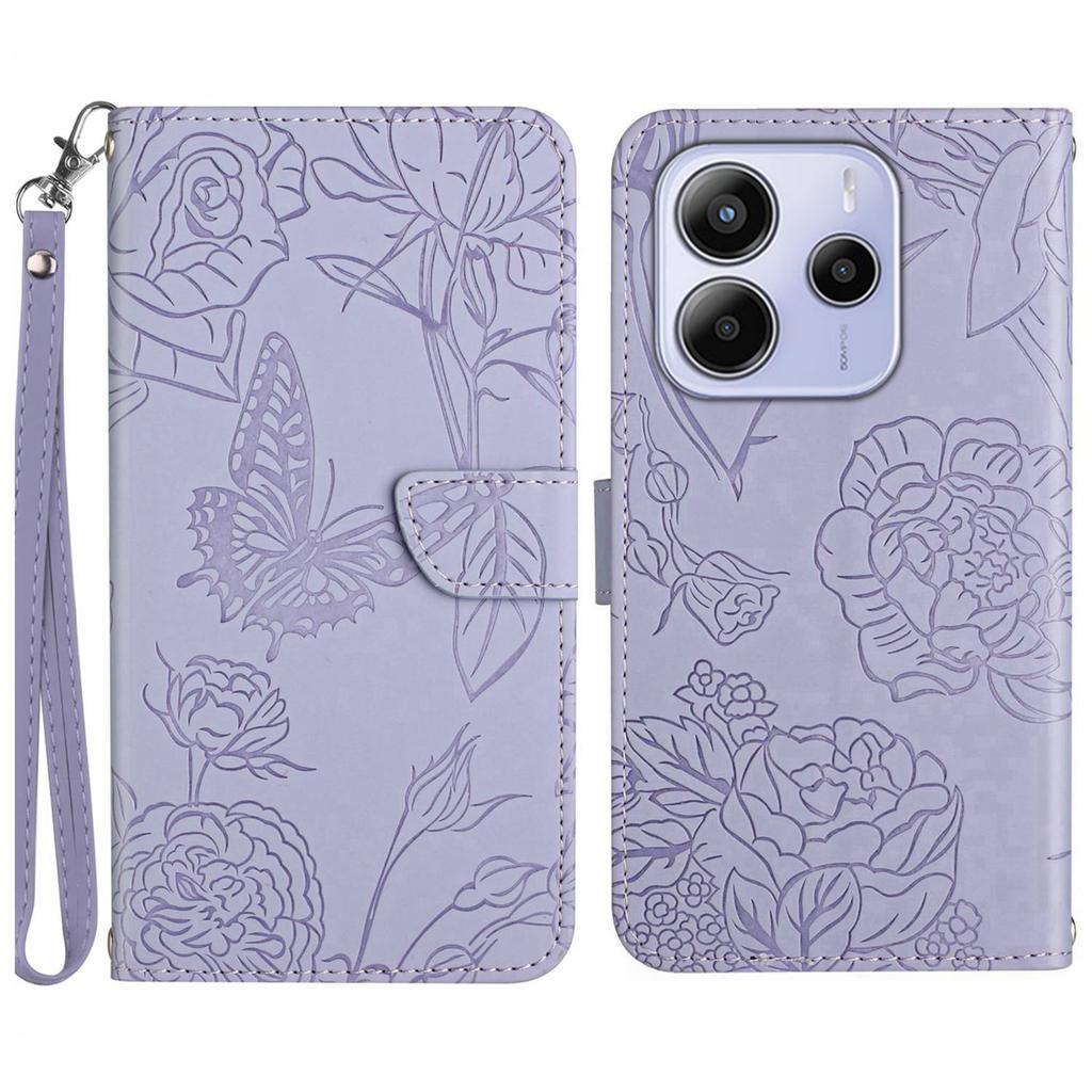 For Xiaomi Redmi Note 14 4G (163.25mm) Case Leather Phone Cover with Strap, Butterfly Flower Imprint
