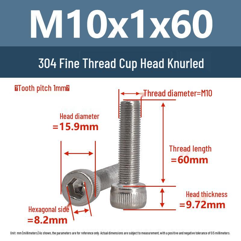 Yigu Fine Thread Knurled Socket Head Screws, 304 Stainless Steel, M3-M12