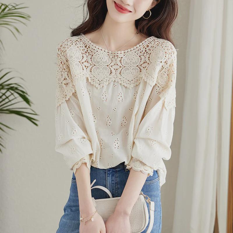 Apricot Lace Women's Long Sleeve Hollow Shirt – 2025 Spring Chic Cotton Design