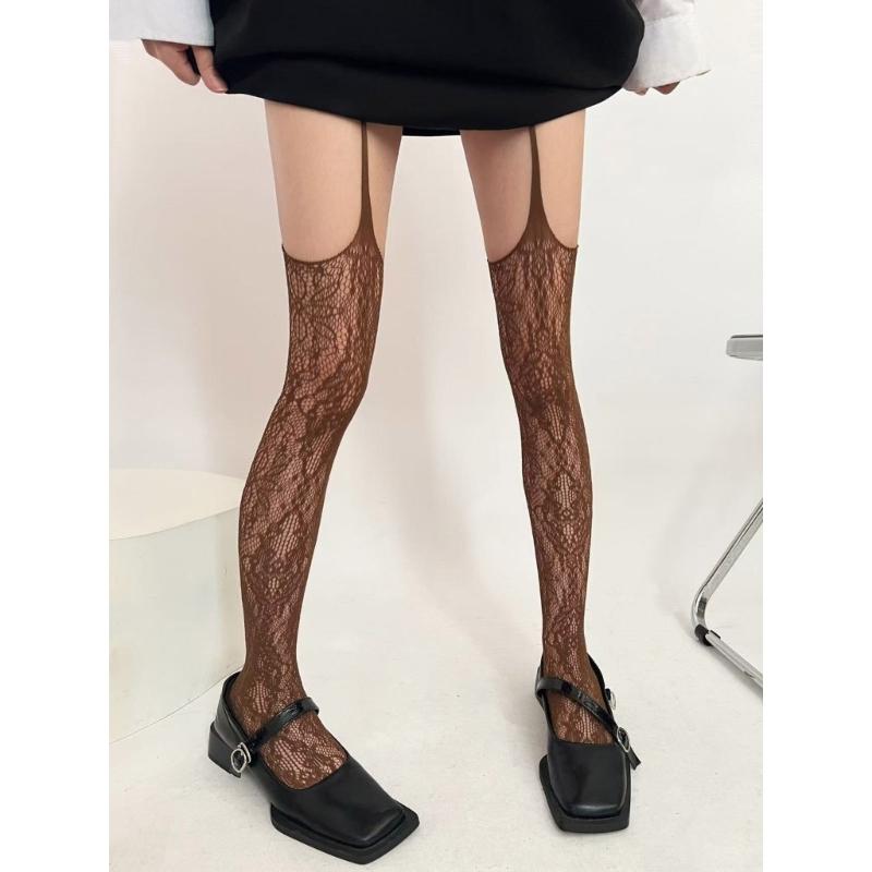 Women Fishnet Garter Belt Pantyhose Punk Flower Lace Patterned Sheer Thigh High Stockings Suspender Strap Tights Hosiery