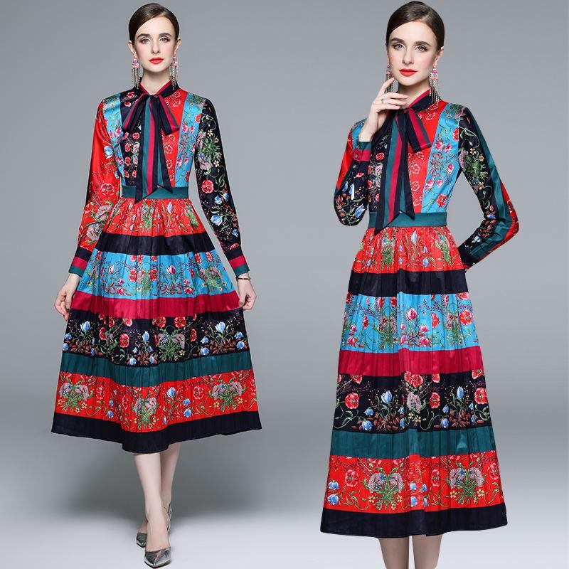 

Весна Осень Женское Дизайнерское Винтажное Дворцовое Принт Подиумное Платье Отложной Воротник Длинные Макси Рубашки Плиссированные Платья M