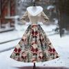 Women's Casual Dress Long-Sleeve V-Neck Patchwork Fleece Christmas Print Dress