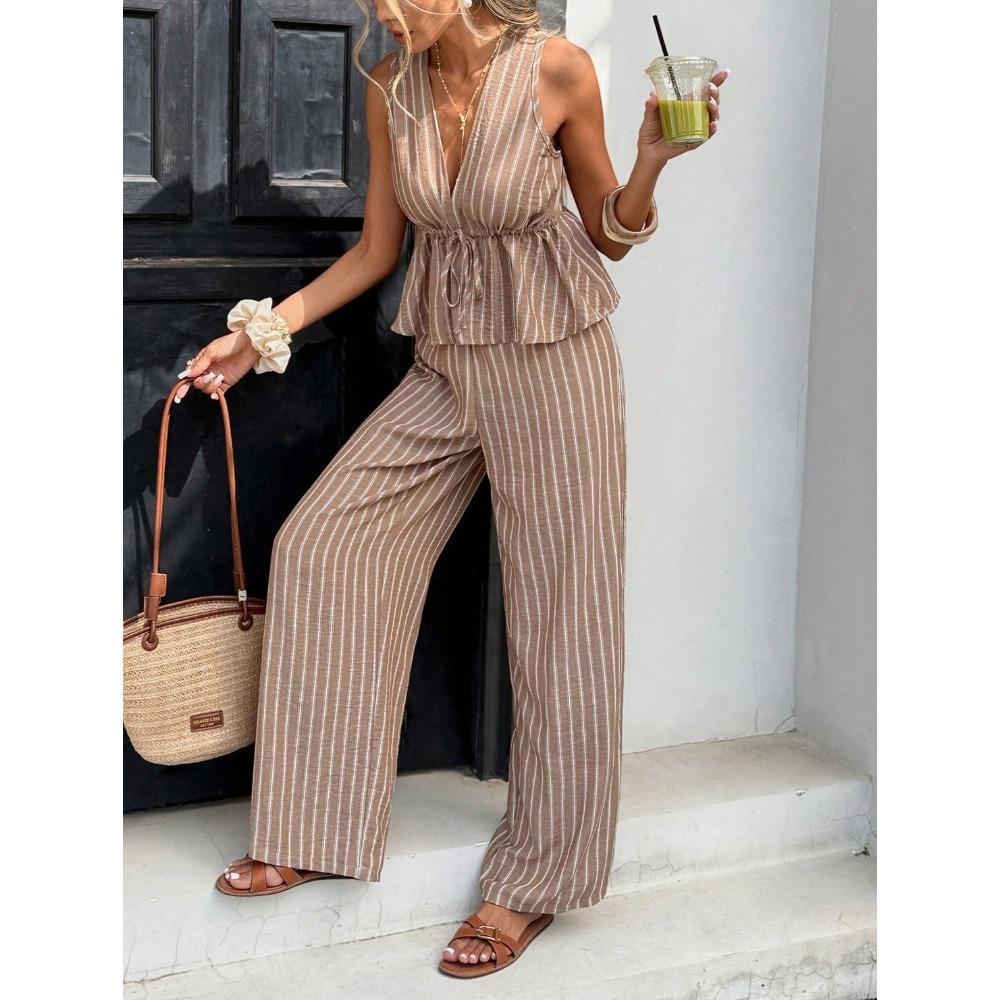 Ensemble 2 pièces élégant : Haut rayé sans manches à encolure en V et Pantalon large taille haute, Tenue décontractée d'été pour les vacances