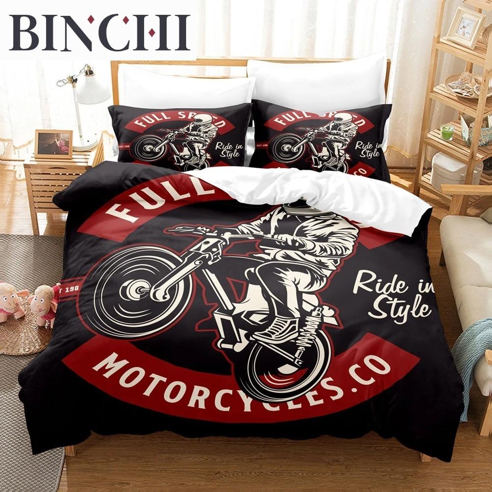 Motorcycle Duvet Cover Set Dirt Bike Extreme Sports Theme For Boy Girl Motocross Racer Polyester Bedding Set King Queen Size