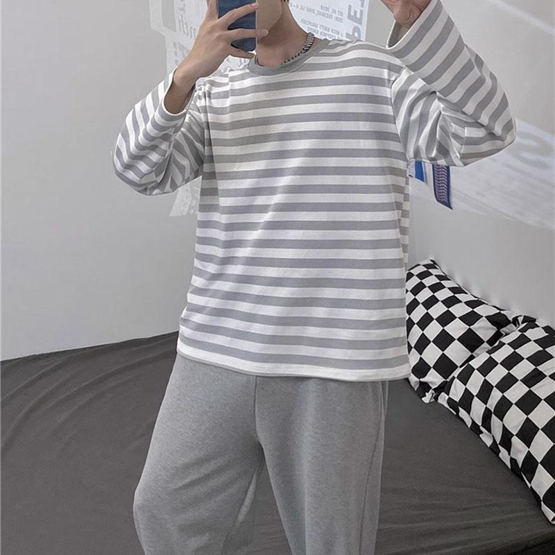 Cotton Men's Pajamas Autumn and Winter Striped Long Sleeve Pants 2-piece Pajamas Casual Breathable Home Wear