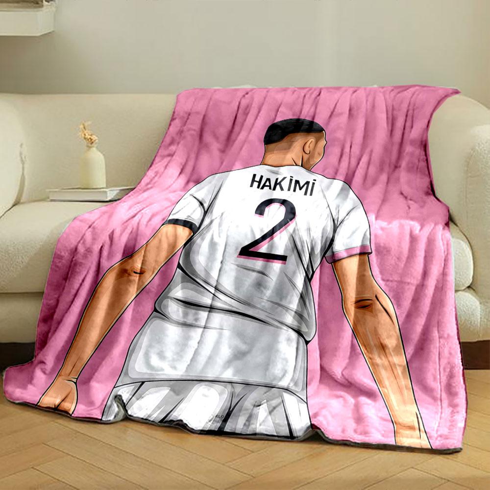White jersey with "Hakimi" and number 2, set against a pink background. for all seasons blanket lunch break throw gift