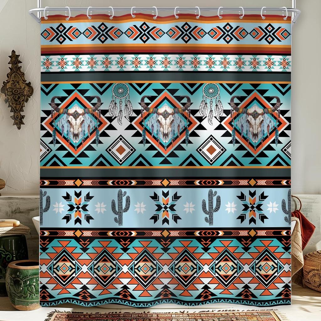 Western Aztec Shower Curtain Abstract Vintage Boho Retro Geometric Tribal Ethnic Native Bathroom Set American Southwestern