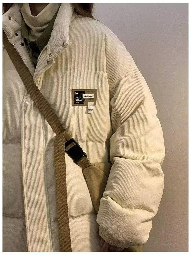 American Style Corduroy Patchwork Cotton Jacket - Stand Collar, Loose Fit, Thick Padded Winter Coat.