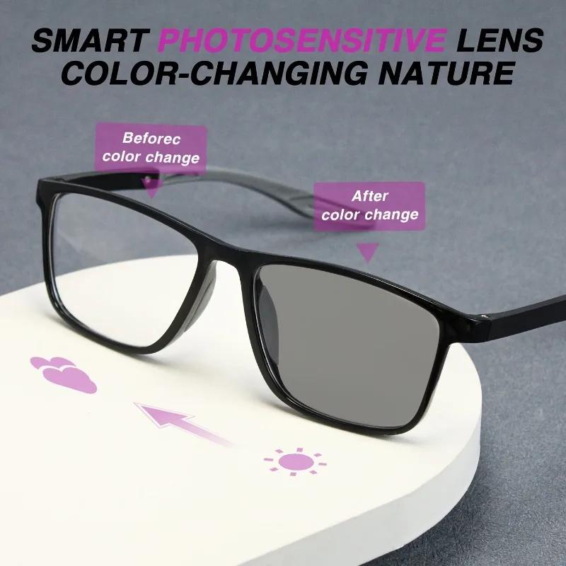 3PCS Pochromic Color Changing Sports Reading Glasses for Men Anti Blue Light Presbyopia Glasses Square Cycling