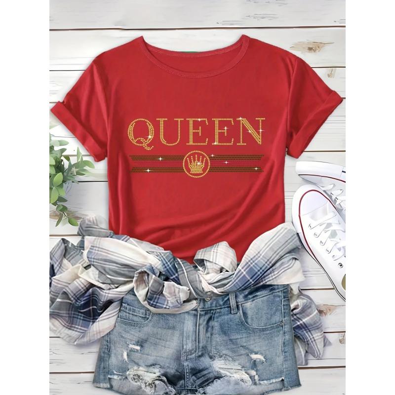 Rhinestone Queen Letter Print Comfortable and Soft Sports T-shirt Short Sleeve Causal Running Crew Neck Top Women's Activewear