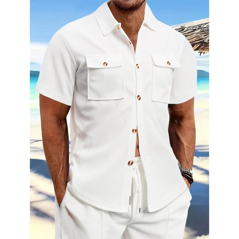 Mens Casual Waffle Knit Short Sleeve Button Down Shirt With Pockets S