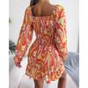 Women's Autumn/winter Sexy Square Collar Print Long Sleeve Ruffled Hip Wrap Dress