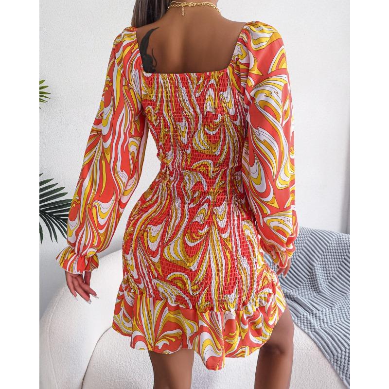 Women's Autumn/winter Sexy Square Collar Print Long Sleeve Ruffled Hip Wrap Dress