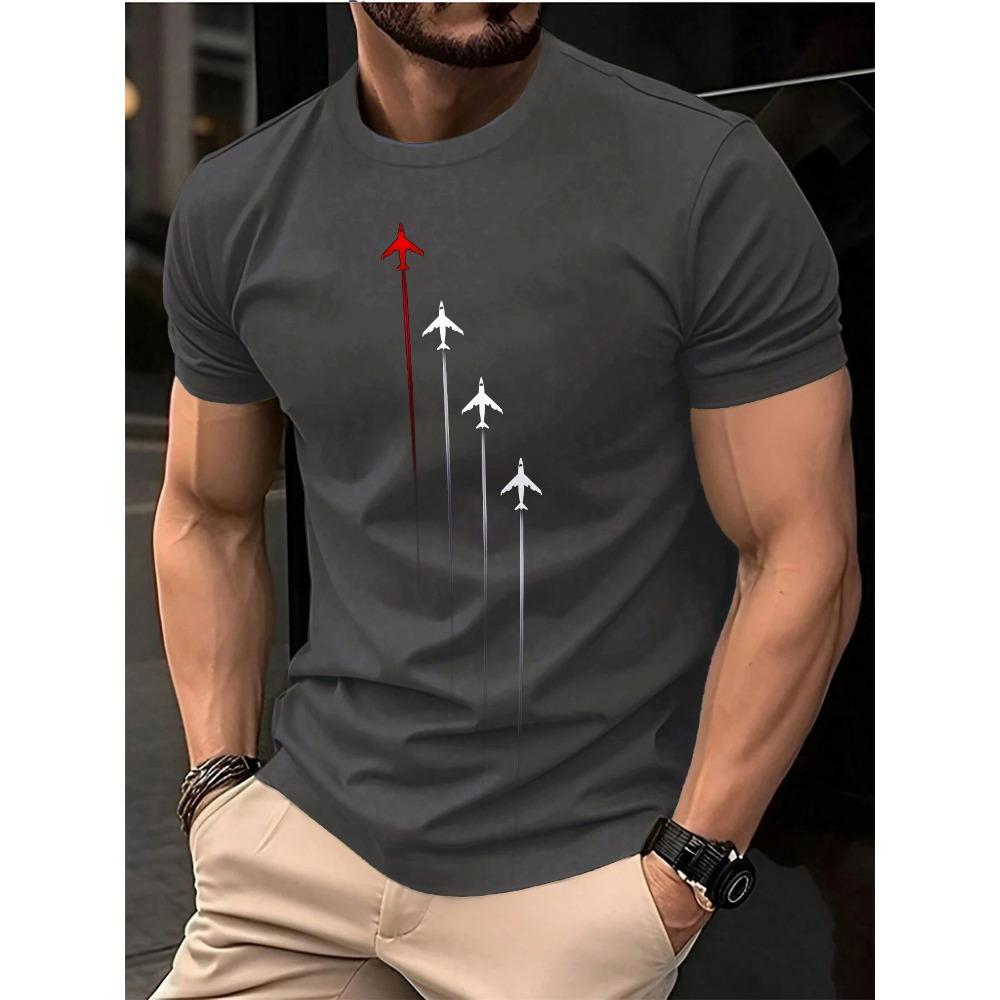 Summer Men's Geometric Airplane Print Fashionable Casual Loose Sports Round Neck Short Sleeved T-shirt Top