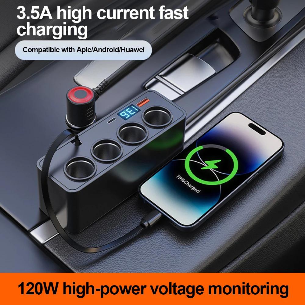 120W Car Charger Splitter Multi Ports PD30W QC3.0 Cigarette Lighter Adapter Car Cigarette Lighter Socket Splitter with Voltage