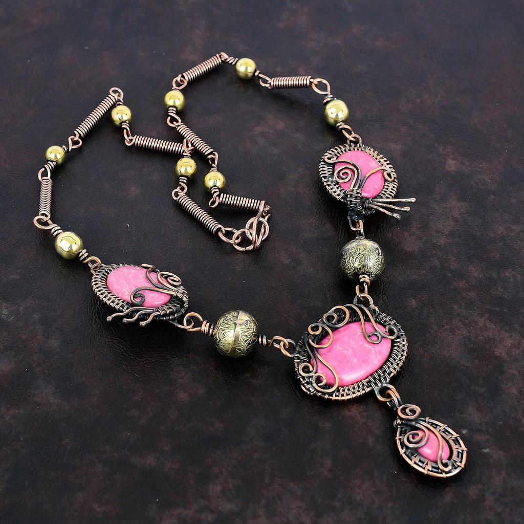 Thulite Gemstone Necklace Copper Wire Wrapped Necklace Handmade Copper Jewelry Adjustable Chain Necklace Wire Wrapped Jewelry Gift For Women