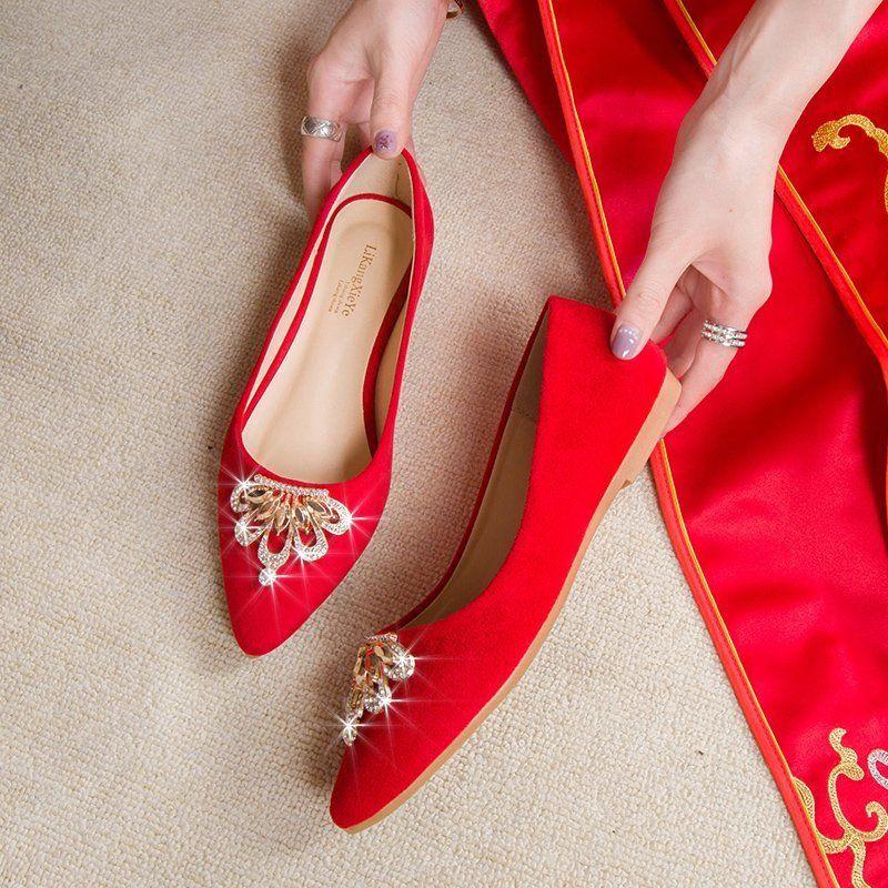 Ladies Footwear Pointed Toe Bride Rhinestone Red Women's Flat Shoes Non Slip Y2k Quick Delivery Wholesale Casual Vacation Spring