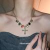Elegant European Court-Style Oval Cross Clavicle Necklace with Vintage Resin & Diamond Inlay