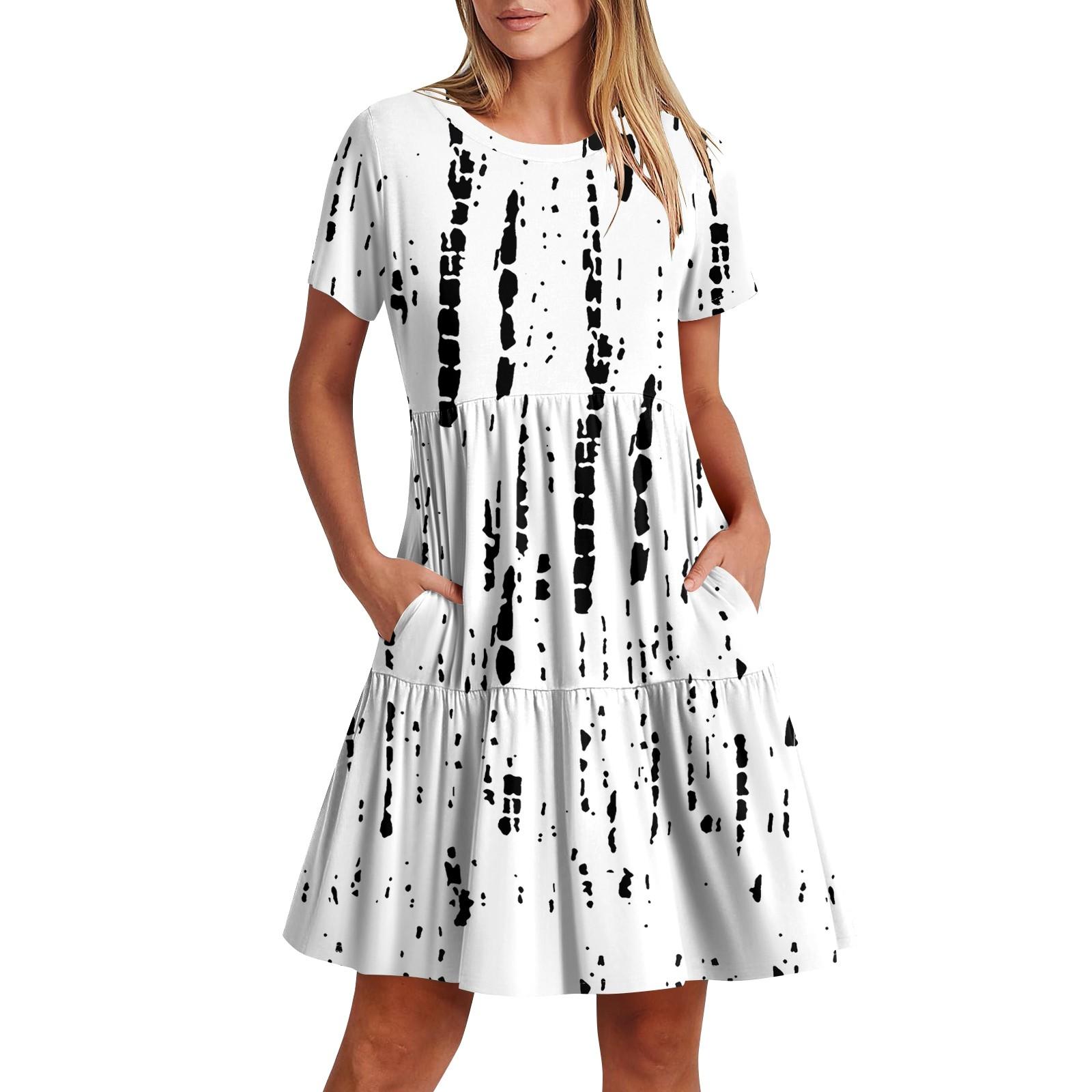 

Женское повседневное модное платье-миди с круглым вырезом и коротким рукавом с принтом и карманом M белый