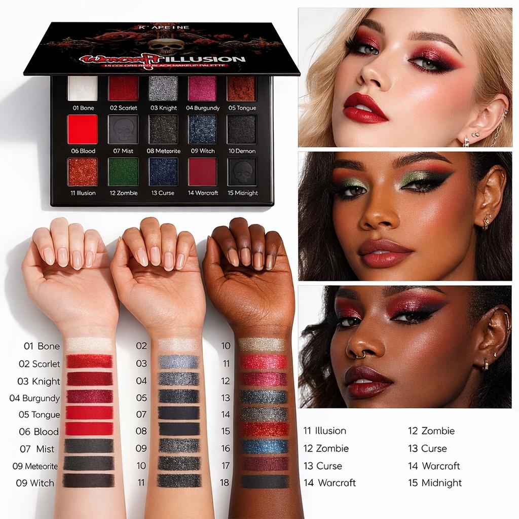15 Barev Gotická Matná Třpytivá Paletka Stínů na Oči Tmavá Punk Halloween Červená Černá Oční Make-up