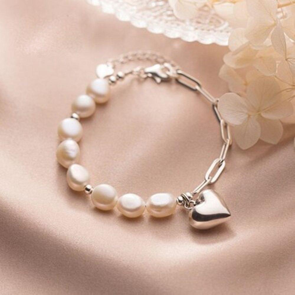 Bold Heart Charm Pendant Freshwater Pearl Silver 925 Bracelet W049