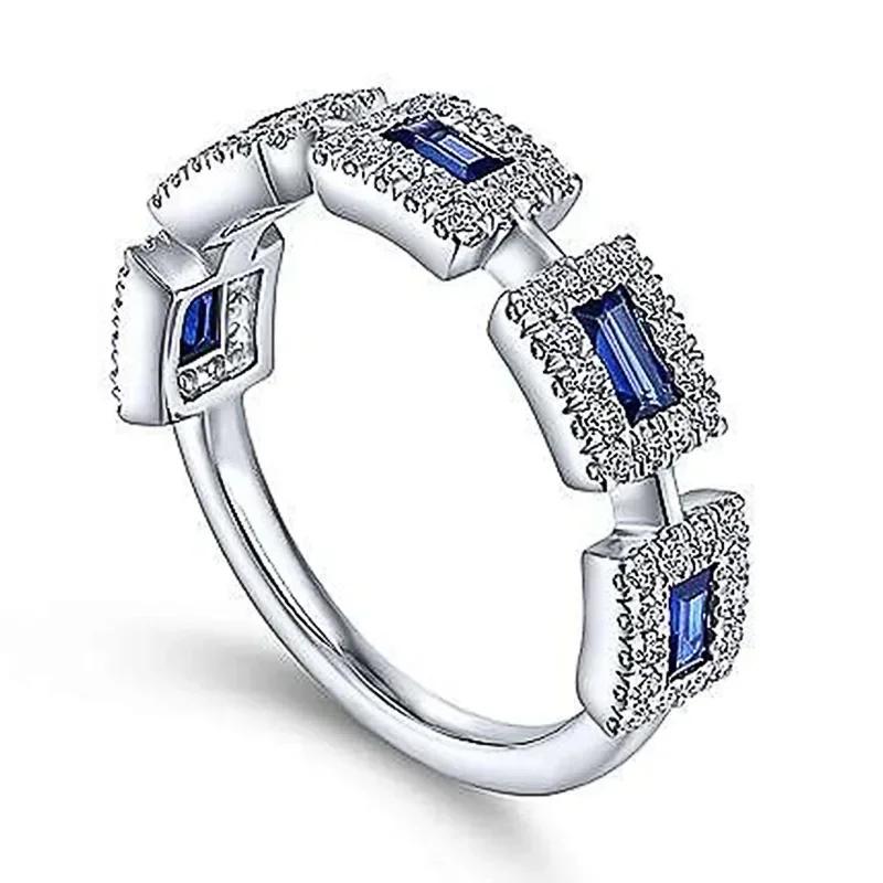 New Inlaid Blue Square Zircon Ring, European and American Fashion Engagement Band, High-end Temperament Zircon Headpiece 6