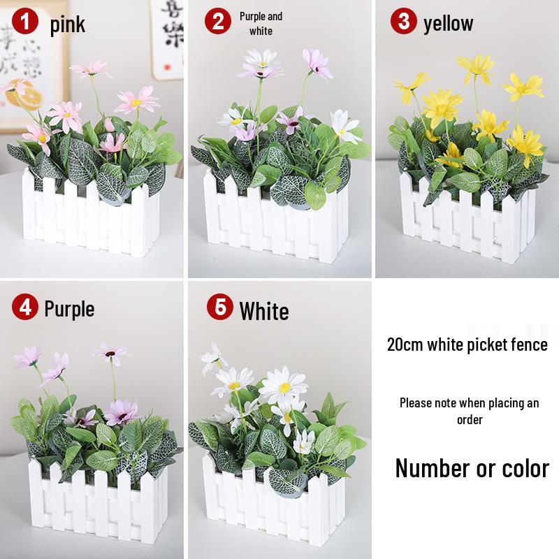 Silk Flower Pot with Wood Fence: Decorative Bonsai for Living Room or Office.