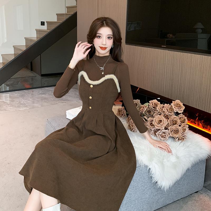 2025 Autumn/Winter Corduroy Camisole Dress with Sweater Layer: Sweet Mid-Length