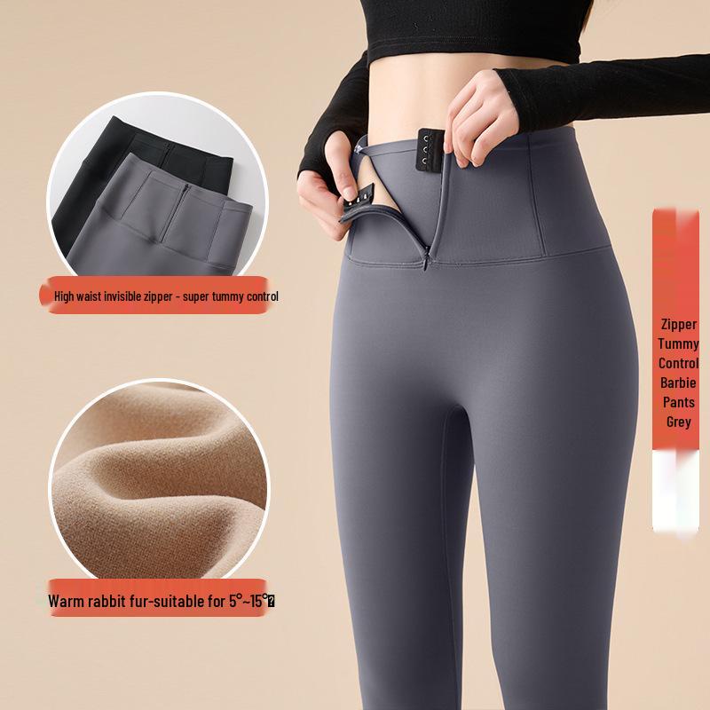 

Korean Style Women s Tummy Control Velvet-Lined Yoga Pants - Autumn/Winter Hip-Lifting Base Layer with Button Closure L
