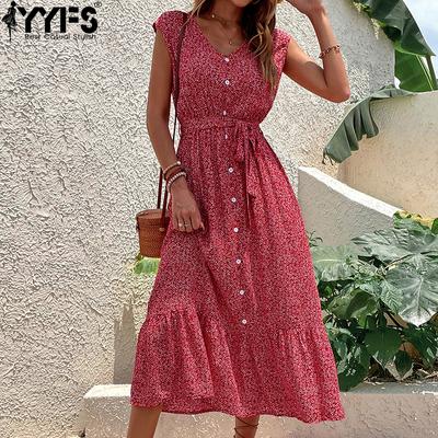 Damenmode Sommer Frühling Blumenmuster Druck Kurzarm V-Ausschnitt Mittlere Taille Freizeitkleider