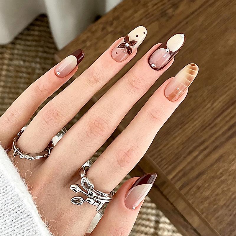 European And American Almond Wearable Nails Long 3D Maple Leaf Gradient Bloom Manicure Wearable Nails