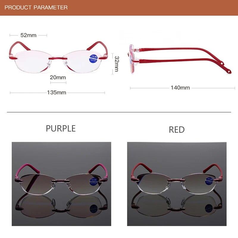 Diopter +1.0 +1.5 +2.0 +2.5 +3.5 +4.0 Frameless Anti-blue Light Reading Glasses Rimless Women Presbyopia Eyeglasses