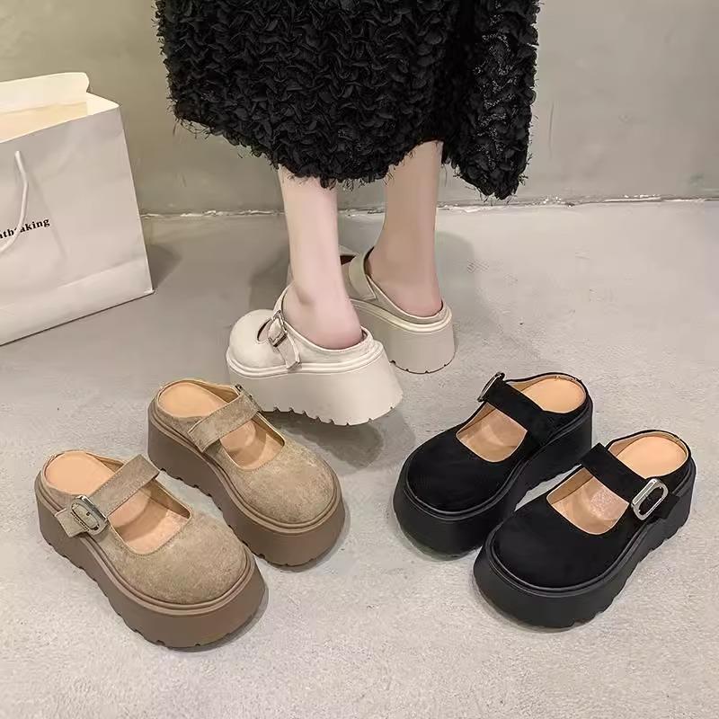 2025 Spring Muffin Thick-bottomed Bag Head Half Slippers Women Wear New Height-increasing Versatile Velcro Retro Cool Slippers
