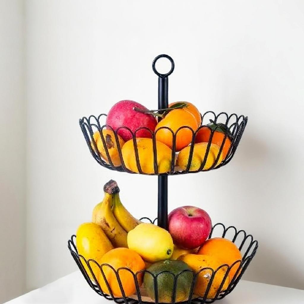 2 Tier Fruit Basket Storage Stand Candy Wooden Base Iron Wire Vegetable Bowl Food Serving Parties Candy Tiered Storage Stand