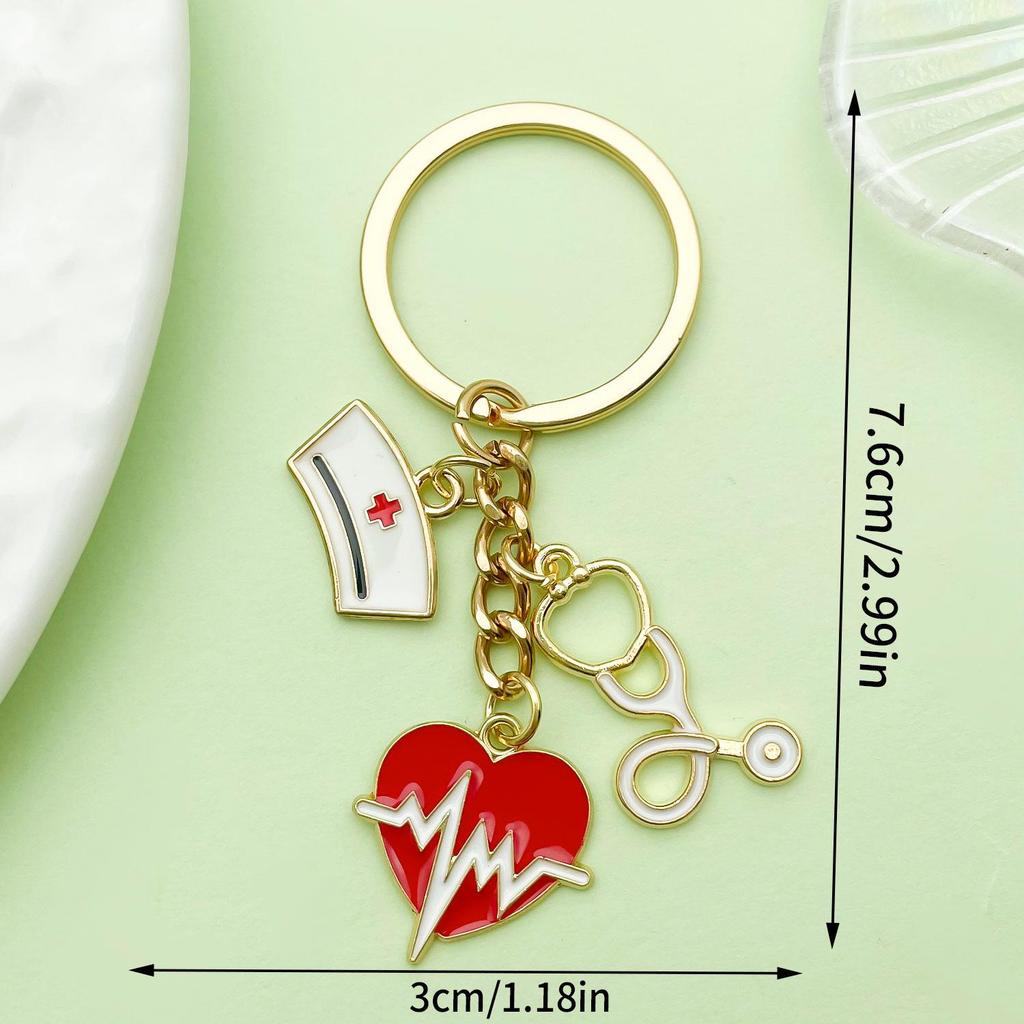 Heart-shaped Syringe Stethoscope Keychain with Nurse Cap Pendant Ornament