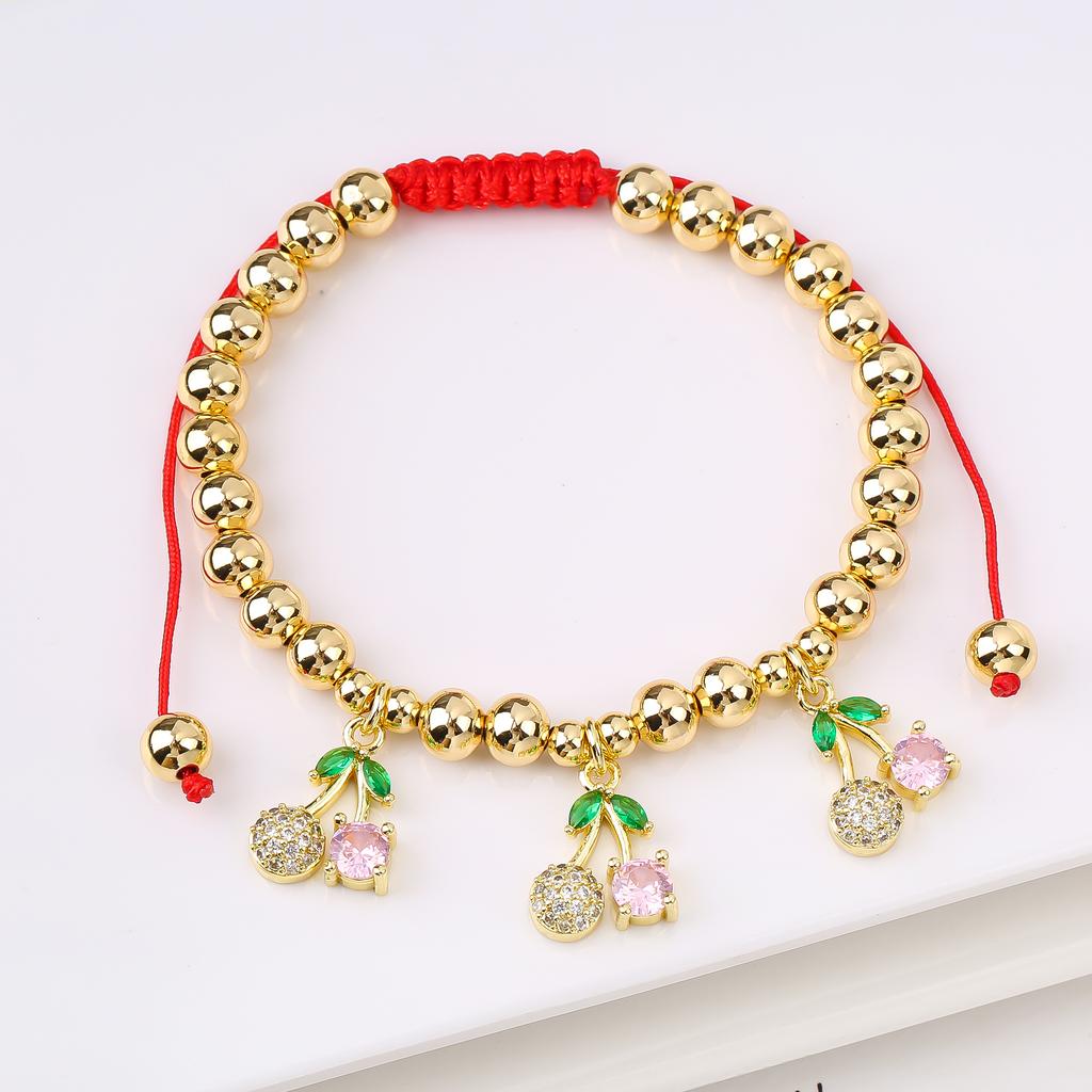 Hot Sale Cute Cherry Strawberry Pendant Copper Bead Chain Bracelet High Quality Crystal Zirconia Fruit Jewelry For Daily Wear