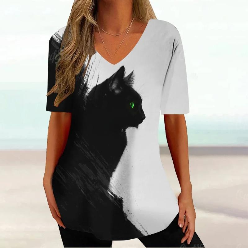Kawaii Cat T Shirt for Women Painting Print Short Sleeve Tops Summer V-Neck Pullover Female Loose Clothing Tees Shirt