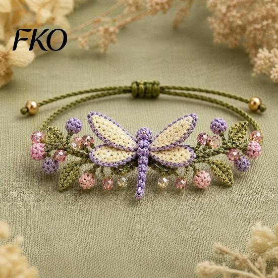 Natural Aesthetic Bracelet Kit DIY Nature-Inspired Crochet Kit, 3D Animals Plants Hand-Crocheted Beaded Flower Maple Dragonfly Butterfly
