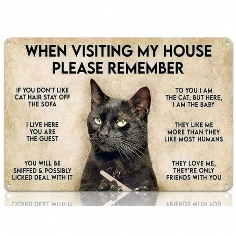 

Funny Black Cat House Rules Vintage Metal Wall Poster for Kitchen