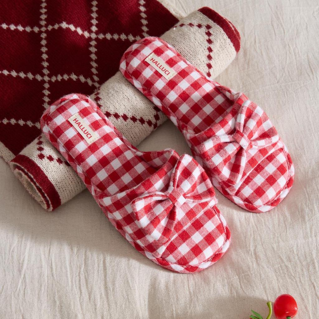 Four Seasons Plaid Bow TPR Sole Non-Slip Durable Women's Indoor Slippers