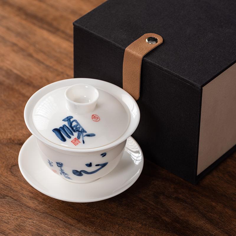 Hand-painted Suet Jade Porcelain Three Talents Cover Bowl Teacup Kung Fu Tea Set Tea Bowl Modern Creative Large-capacity Gifts