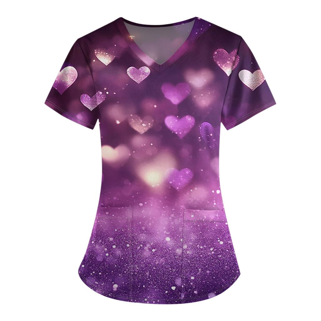 Damenmode V-Ausschnitt Kurzarm Overalls mit Tasche Valentinstag Bedruckte Oberteile Kleidung