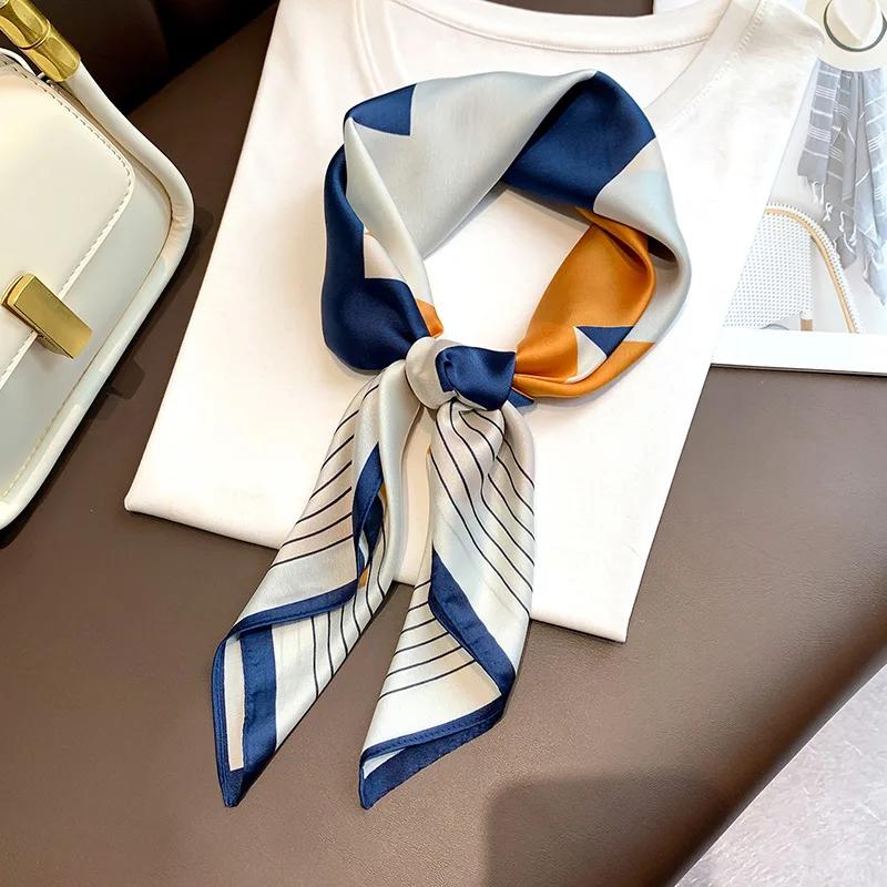 Luxury Stripe Print Splicing Colors Silk Square Scarf Women Soft Satin Hairband Neckerchief Hijab Headband Foulard Bag Ribbons