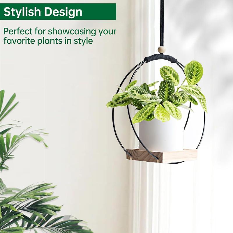 Hanging Flower Pot Shelf Hanging Flower Pots Geometric Hanging Basket Plant Rack With Wooden Base Balcony Living Room Home Decor