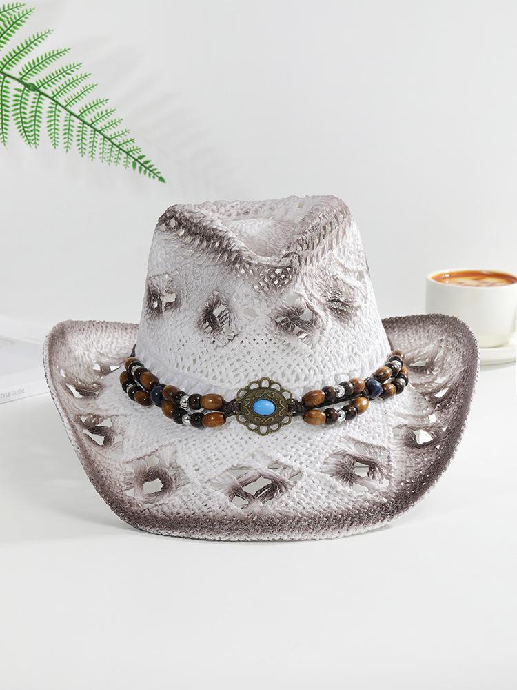 

Straw Hat Women Men Summer Handmade Vintage Hollow Western brim Sun Protection Fisherman Mountaineering Bohemian Chain Jewel 56-58cm