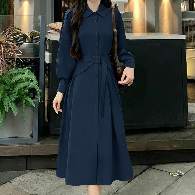 ZANZEA Women Casual Turn Down Collar Loose Long Sleeve Dress