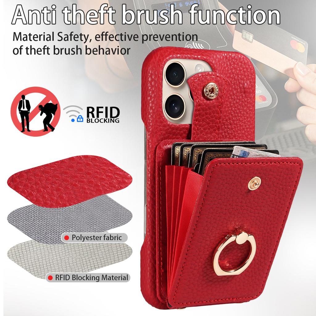 Litchi Texture PU Leather Wallet Case for iPhone 13 Pro Max, Accordion Card Holder with Ring Kickstand & Crossbody Strap, Shockproof Cover